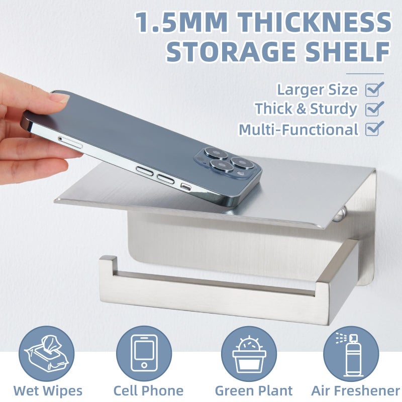 APLusee Brushed Nickel Toilet Paper Holder with Shelf, Left Side 304 Stainless Steel Tissue Roll Hanger, Wall Mounted - Image 3